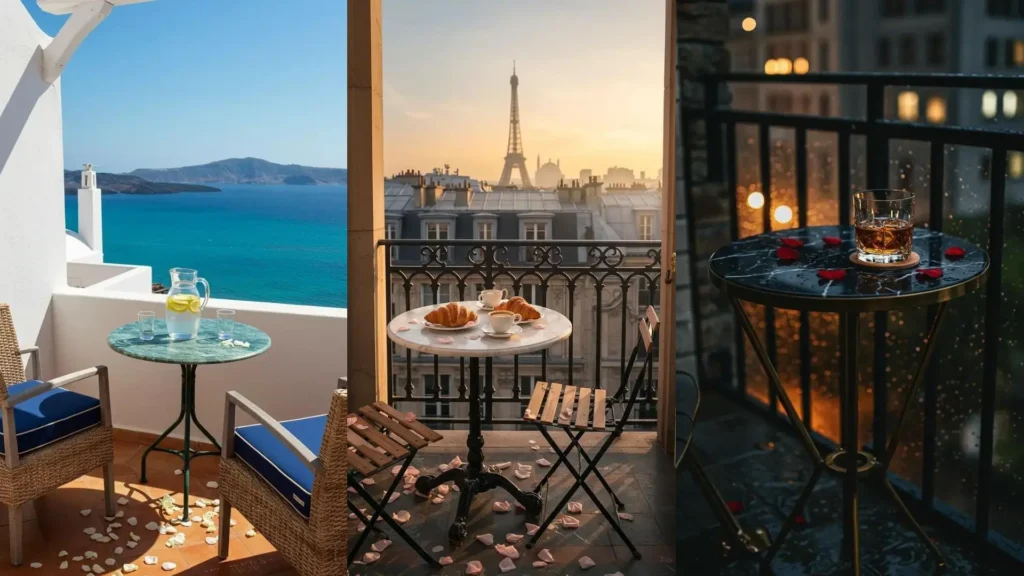 Elegant marble-top balcony tables with scattered rose petals in romantic settings, including Paris and sea views.