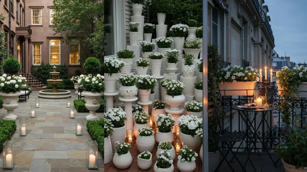 Elegant urban patio and balcony gardens styled with white florals in ceramic planters, enhanced by warm candlelight.