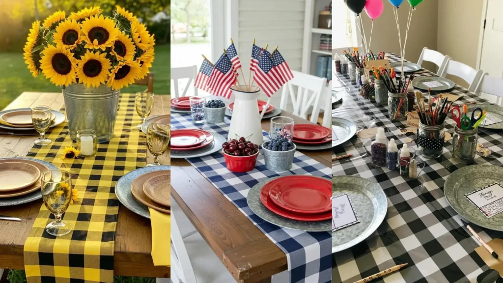 Farmhouse tablescapes with galvanized chargers and buffalo check linens in various colors.