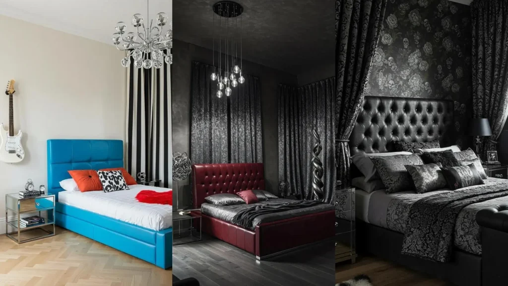 Three glam rock bedrooms featuring leather upholstered beds, metallic accents, and dramatic drapes.