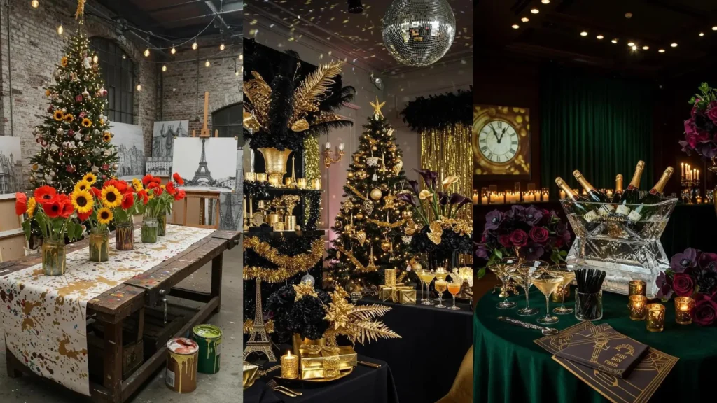 Diverse Parisian-inspired holiday party decor with Eiffel Tower ornaments, gold garlands, and chic flower arrangements.