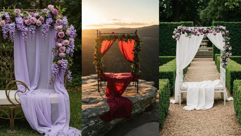 Romantic wrought iron daybeds with gauzy drapes and rose garlands for beautiful garden decor.