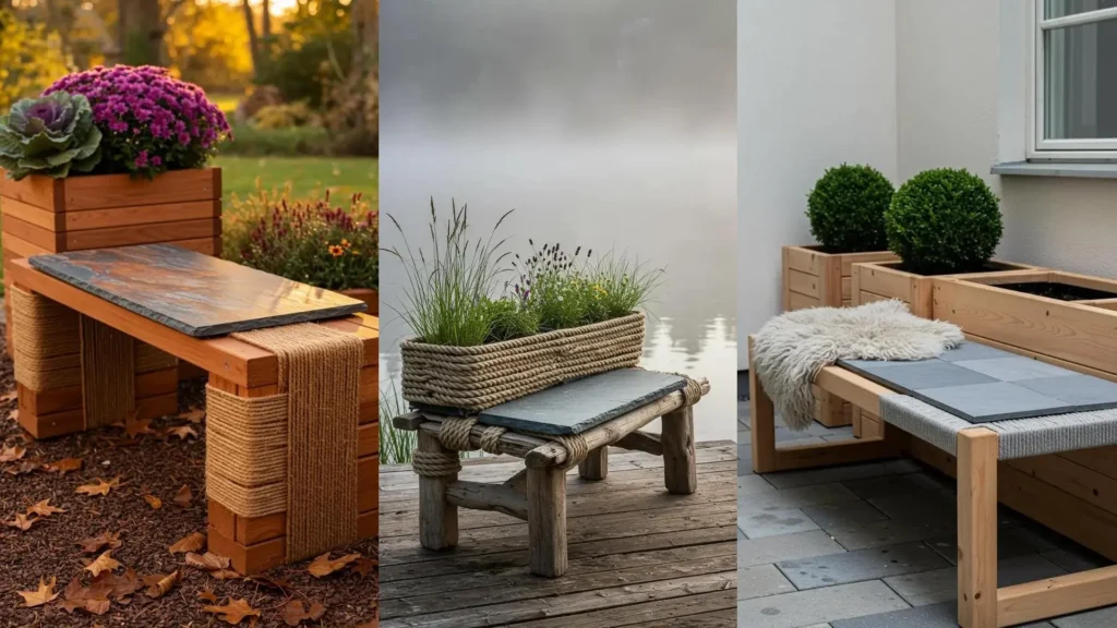 Outdoor DIY rope-wrapped garden benches featuring integrated planters and removable slate seats.