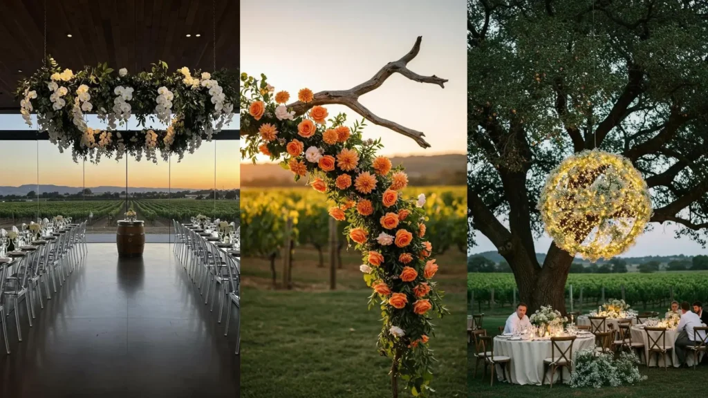 Beautiful vineyard sunset wedding decor with floral chandeliers, arches, and elegant outdoor dining setups.
