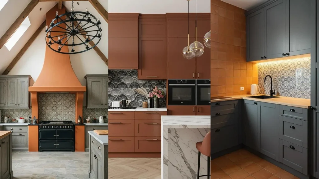 Three warm terra-cotta kitchens showcasing patterned backsplashes and black iron accents.