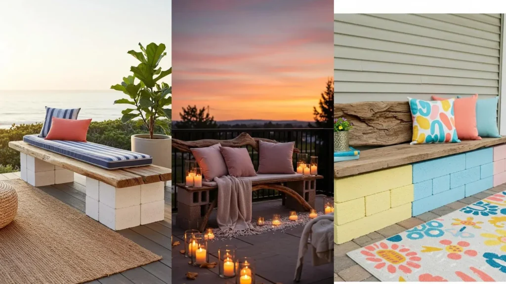 Coastal-inspired DIY patio bench made from cinder blocks and driftwood, with a striped cushion and ocean view.