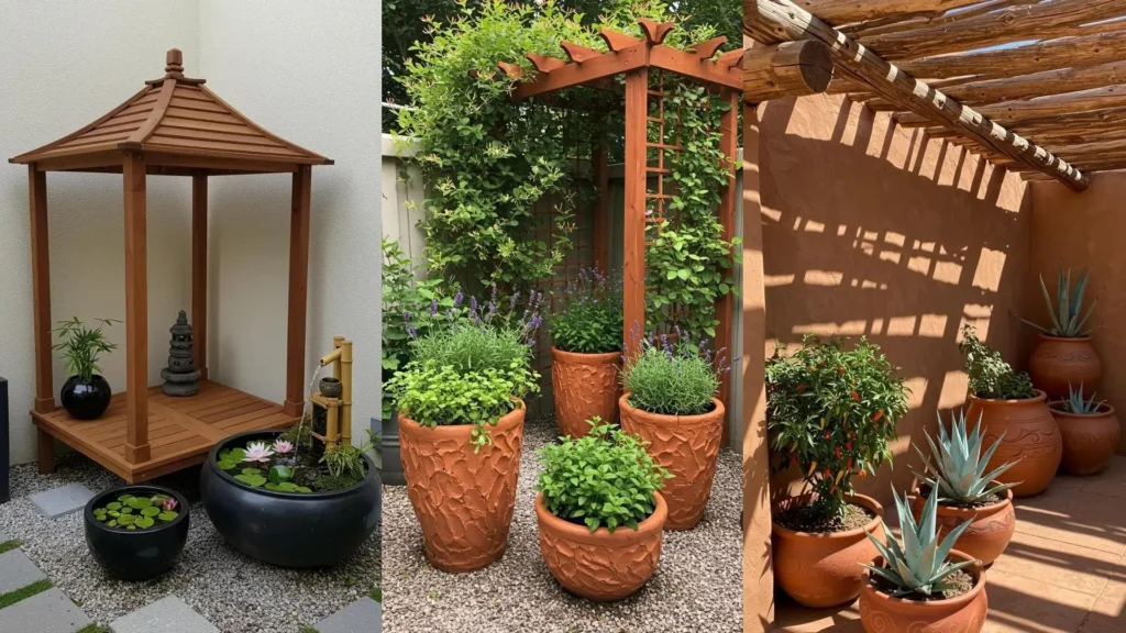 Creative small space garden arrangements with sculptural terracotta planters and a mini-pergola.