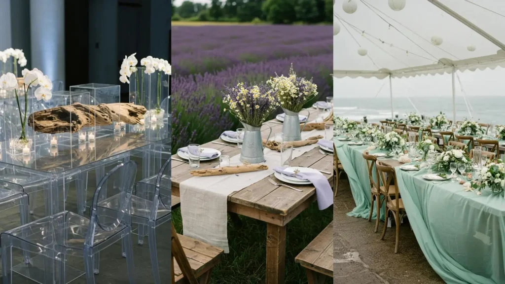 A collection of soft neutral wedding tablescapes with floral arrangements and driftwood accents.
