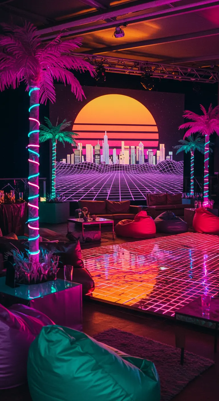 A party lounge with an 80s retrowave theme, including neon-wrapped palm trees and a large screen.