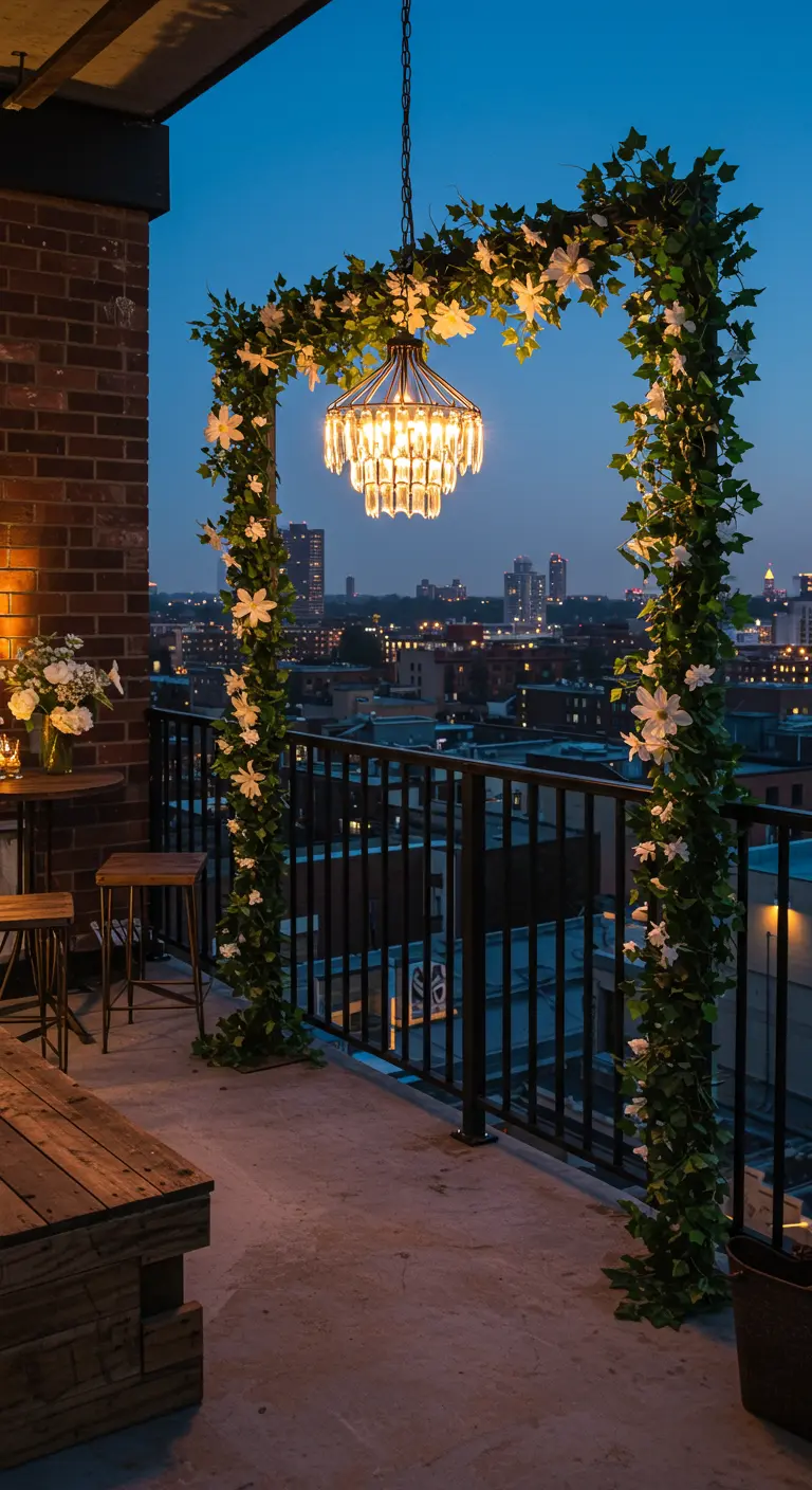 A small crystal chandelier hangs inside an ivy-covered arch on a city balcony.