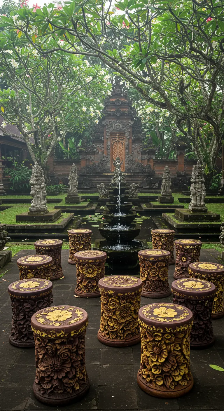 Ornately carved cylindrical stools with gold details, arranged around a tiered black fountain in a Balinese garden.