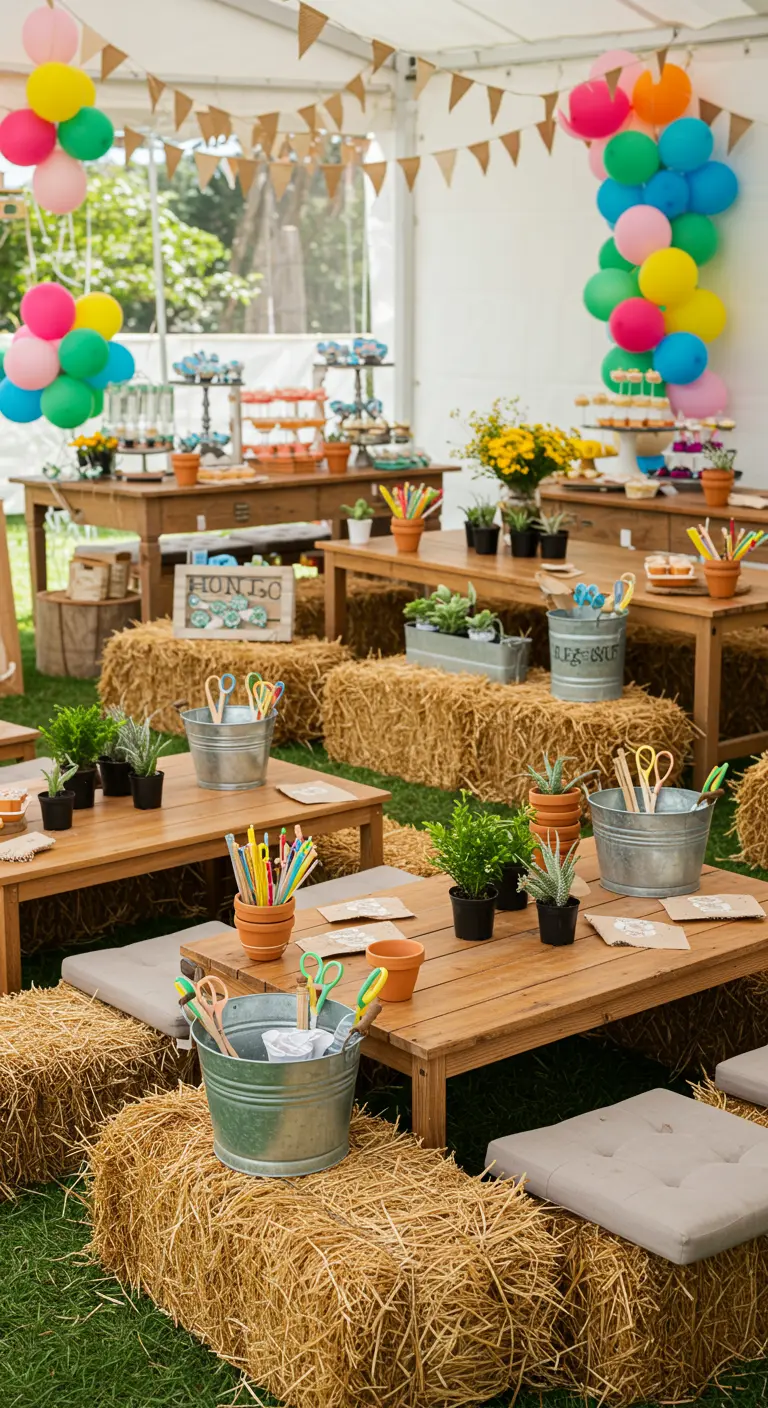A kids' party craft station with low tables, hay bale seating, and buckets of art supplies.