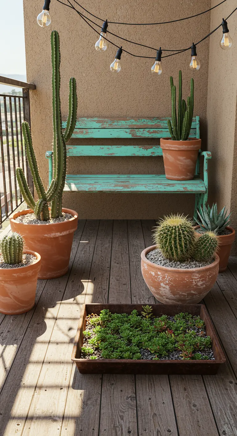 A rustic distressed turquoise bench on a wood deck with potted cacti.