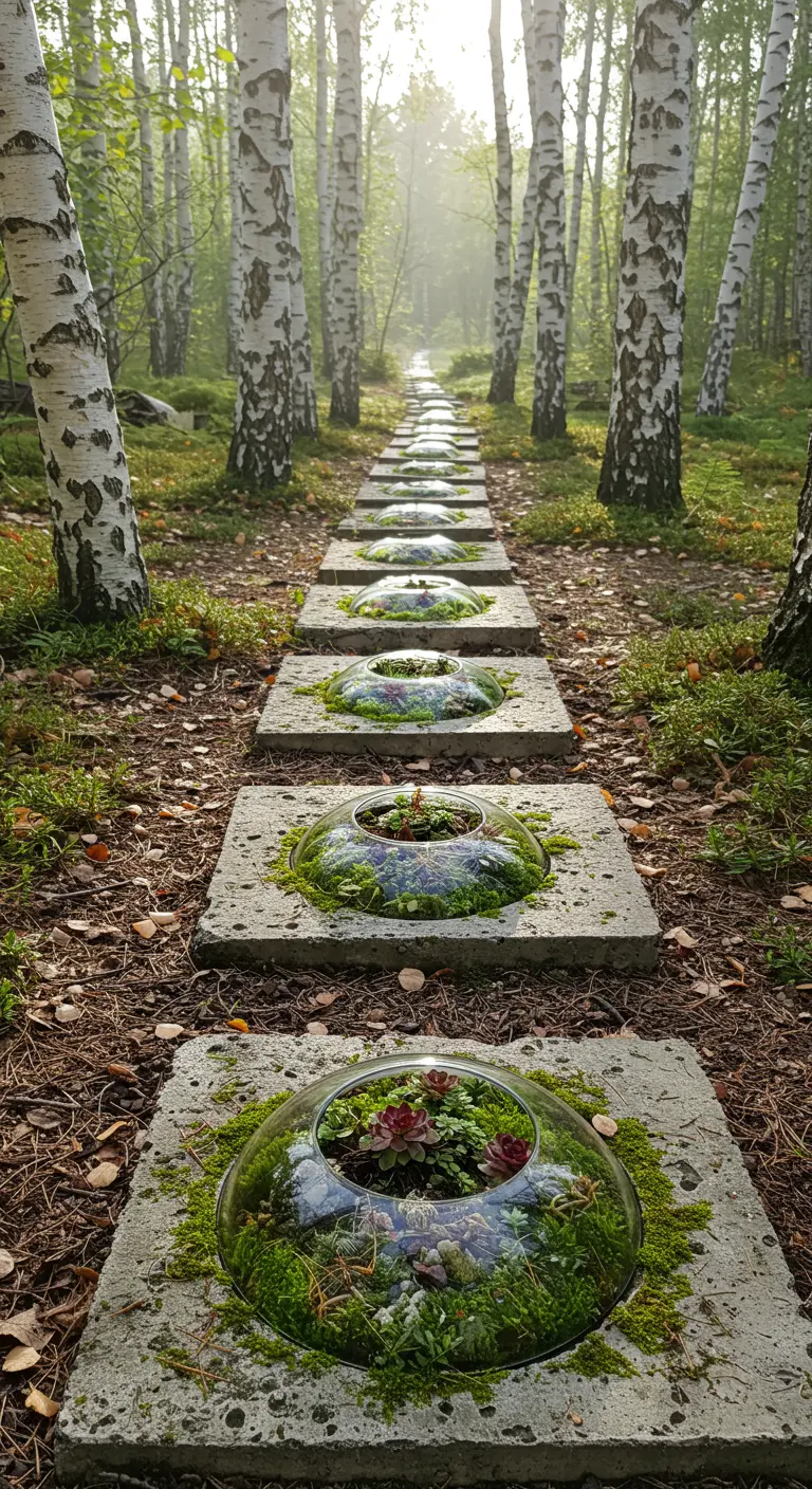A mossy stone path through a birch forest, with succulents under aged glass domes.