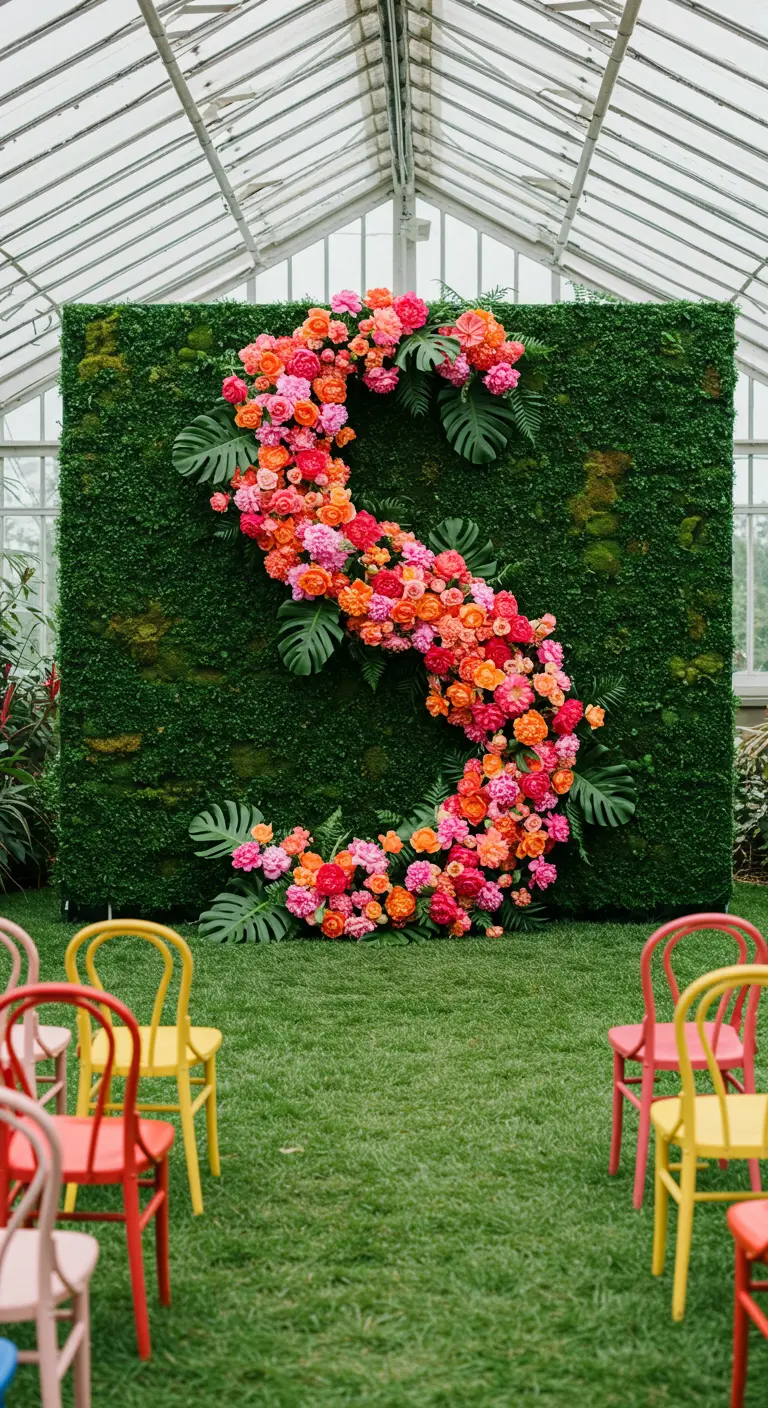 A green moss wall with a large floral monogram made of colorful peonies and roses.