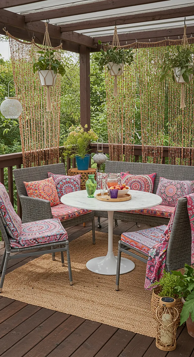 A bohemian-style deck with a marble table, colorful cushions, and beaded curtains.