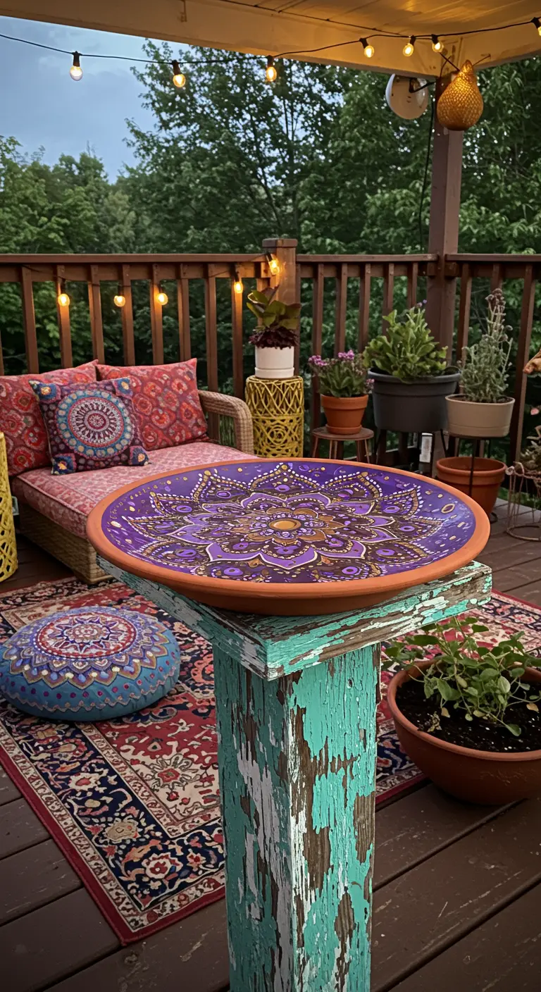 Intricately painted purple mandala birdbath on a distressed turquoise post on a bohemian-style deck.