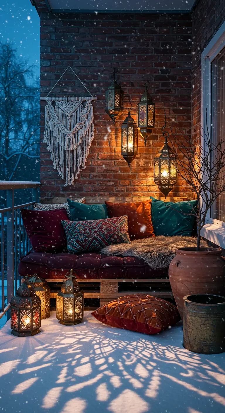 Snowy bohemian balcony with a pallet sofa, colorful cushions, and ornate Moroccan lanterns.