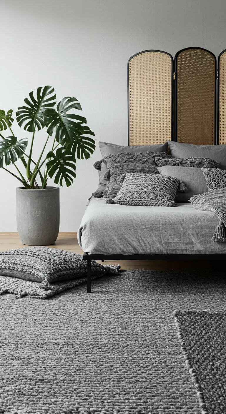 Gray bohemian bedroom with layers of textured pillows, a large plant, and a rattan screen headboard.