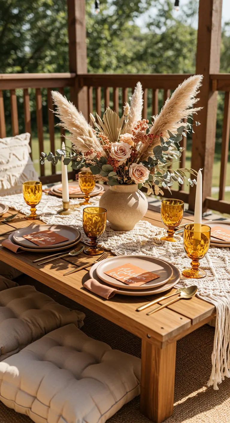 Outdoor boho picnic table with pampas grass, amber goblets, and floor cushions.