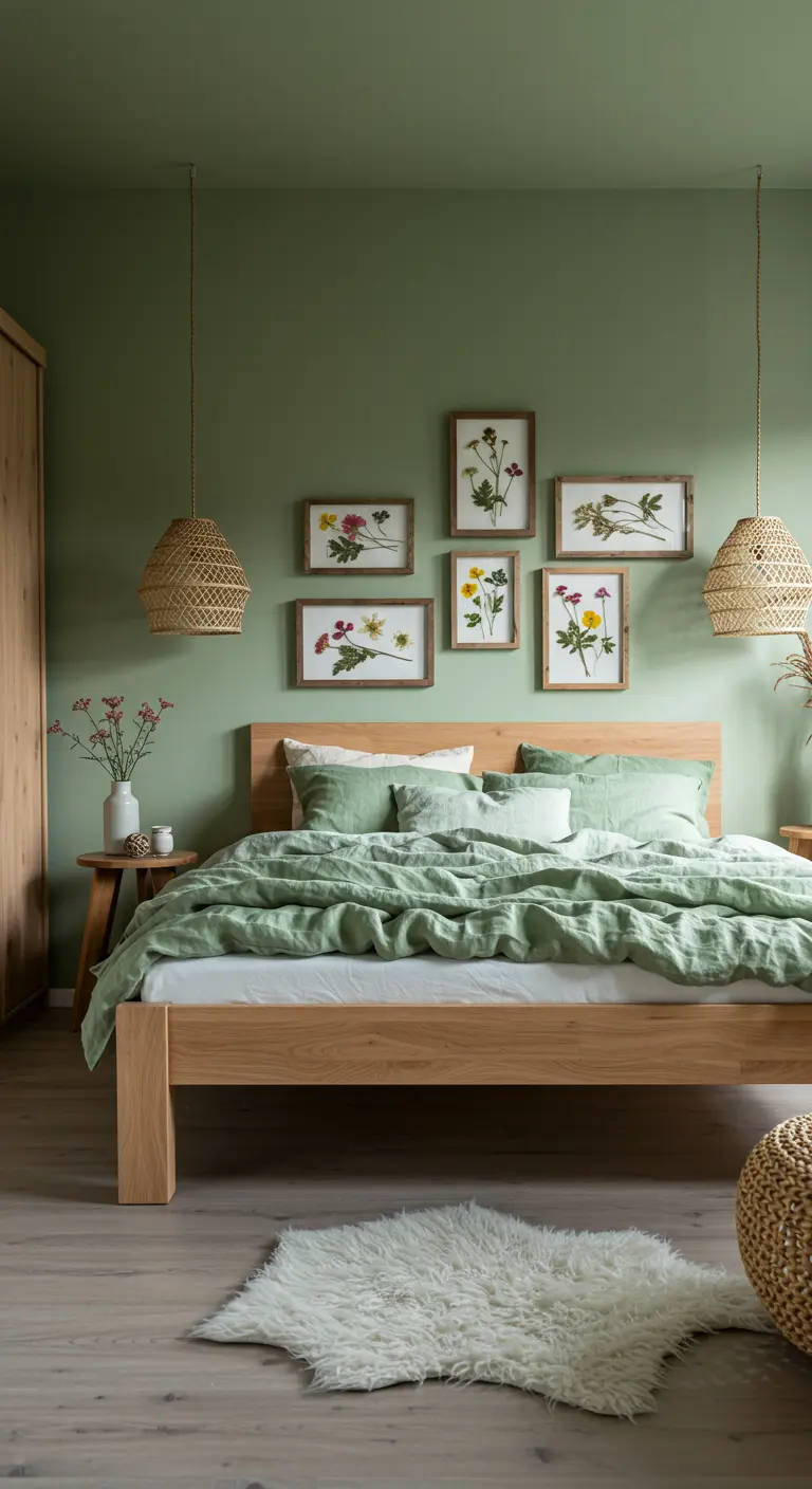 Sage green bedroom with a light wood bed and a gallery wall of framed pressed flowers.