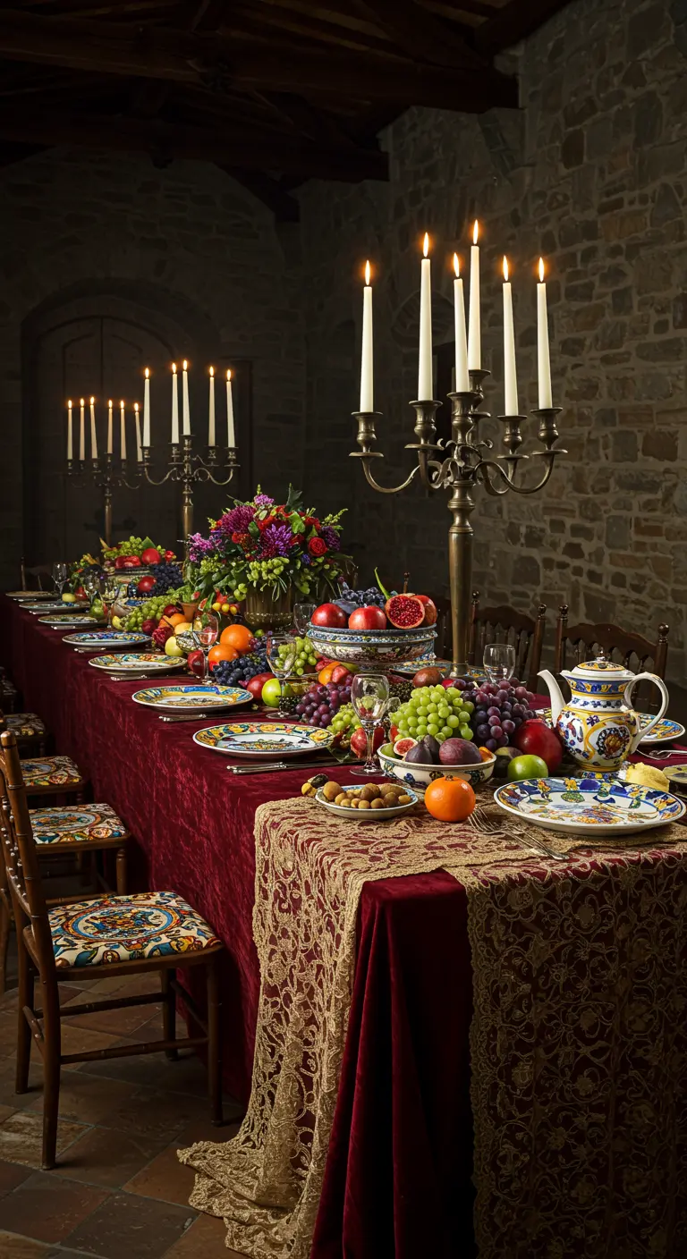 Long banquet table with red velvet, fruit centerpieces, and candelabras.