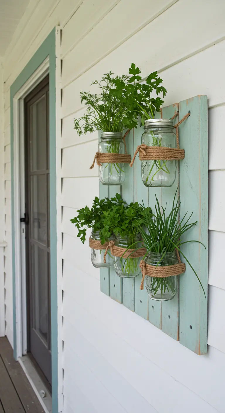 A mint-green painted wood plank holding four herb-filled mason jars with jute rope hangers.