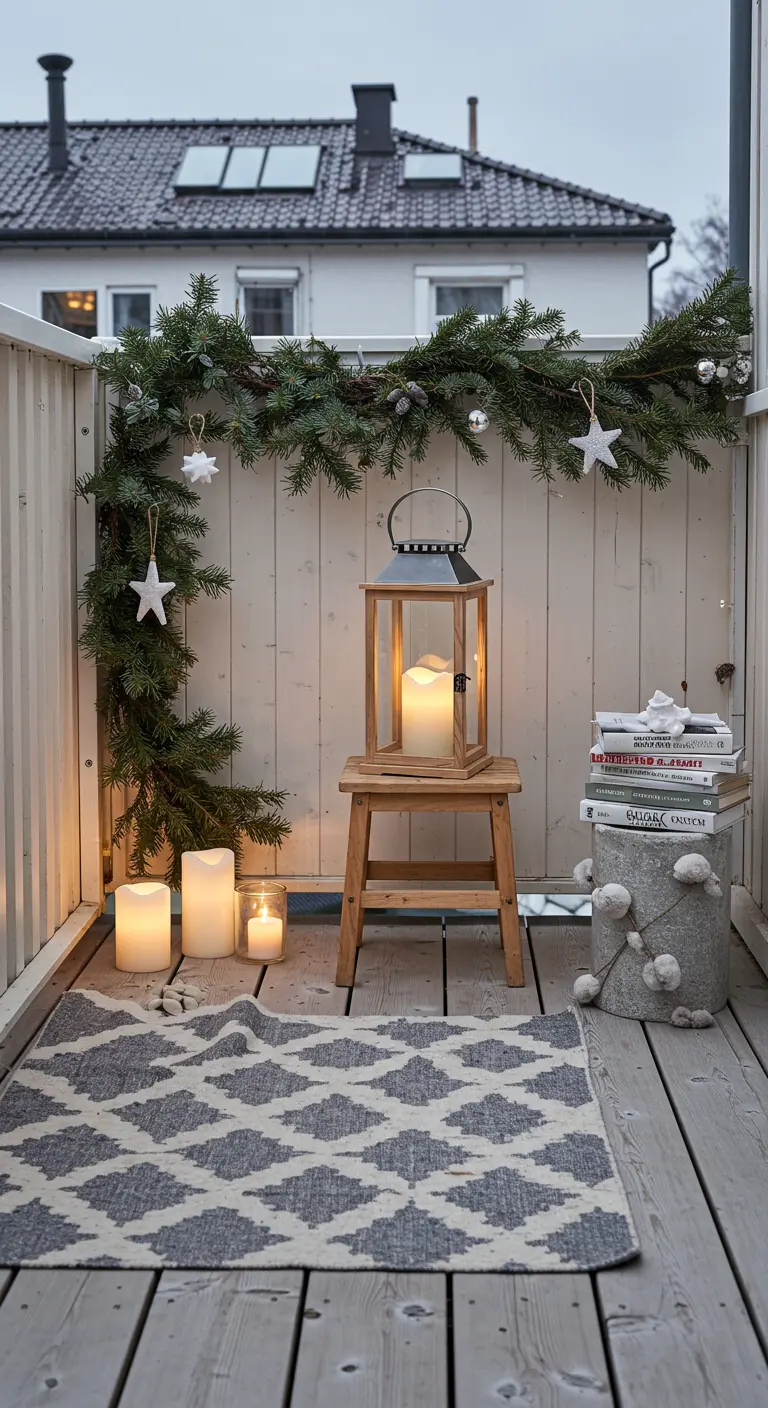 A minimalist balcony with a grey geometric rug, wooden stool, lanterns, and a simple garland.