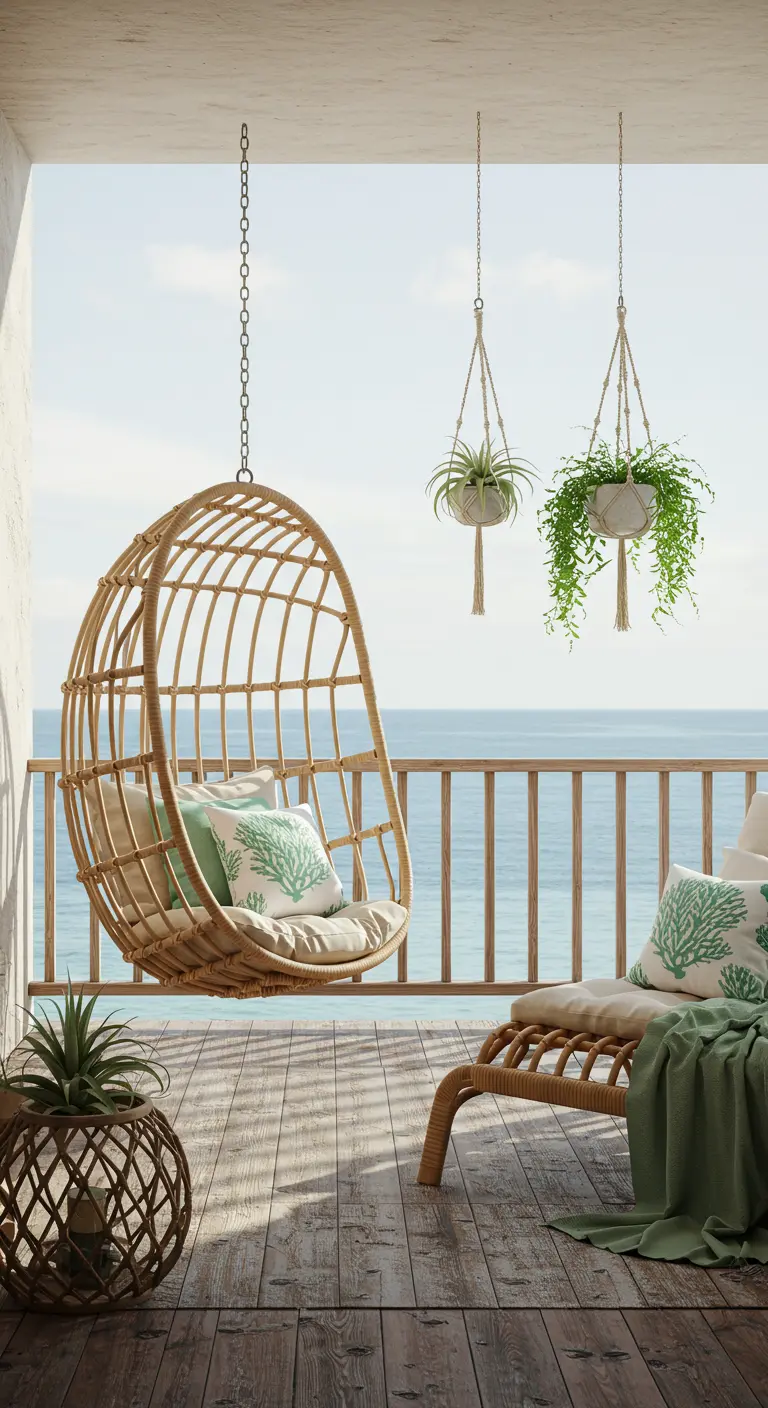 Rattan hanging chair and lounger on a balcony overlooking the ocean.