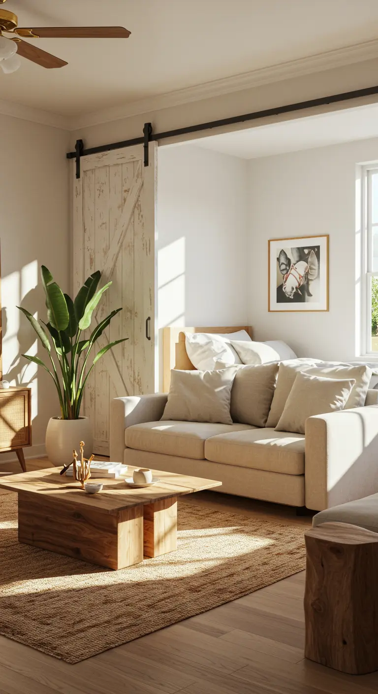 Bright living room with a distressed white barn door, neutral sofa, and jute rug.
