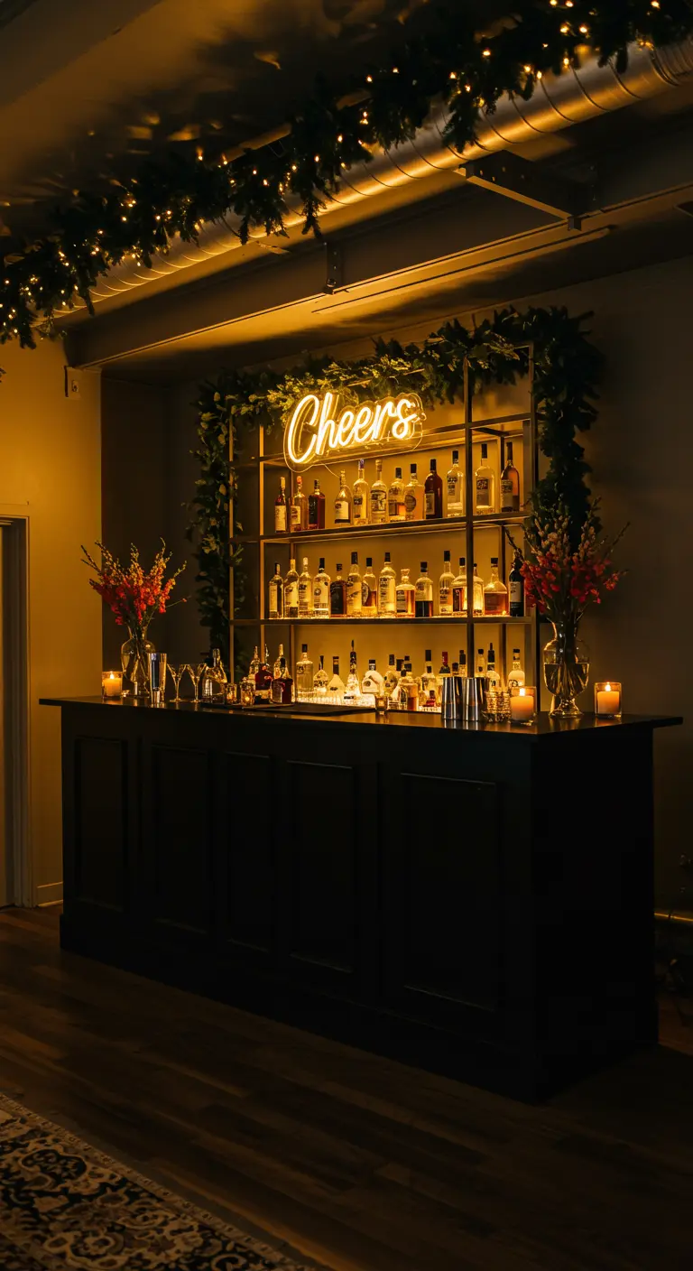 A home bar with a neon 'Cheers' sign, framed by greenery, with bottles and candles.