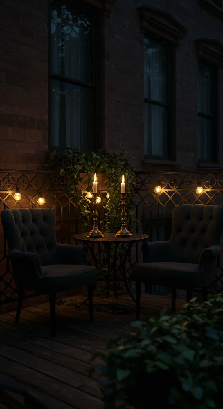 A dimly lit balcony with two black velvet armchairs, ornate candlestick holders, and ivy on the railing.
