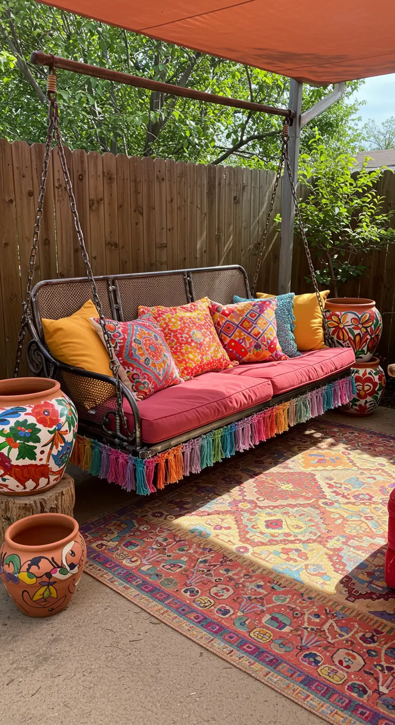 Colorful swing sofa with bright pillows, a tassel fringe, and painted pots.