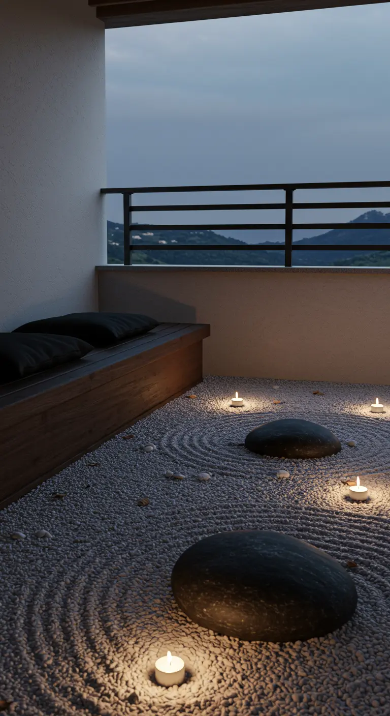 A mini Zen garden on a balcony floor with raked gravel, dark stones, and glowing tealights.