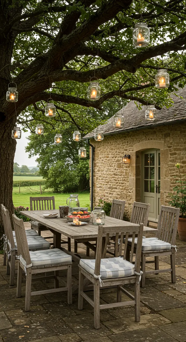 Outdoor dining table under a tree with hanging glass jar lanterns.