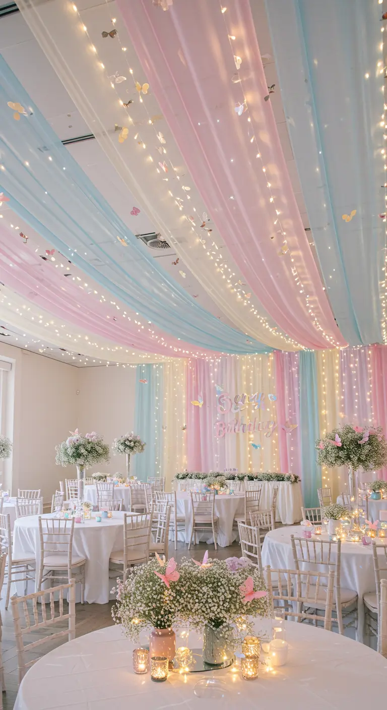 A ceiling draped in pastel pink, blue, and yellow fabrics with fairy lights.