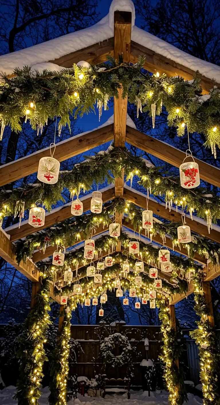 A wooden pergola at night covered in evergreen garlands, lights, and small hanging ice lanterns.