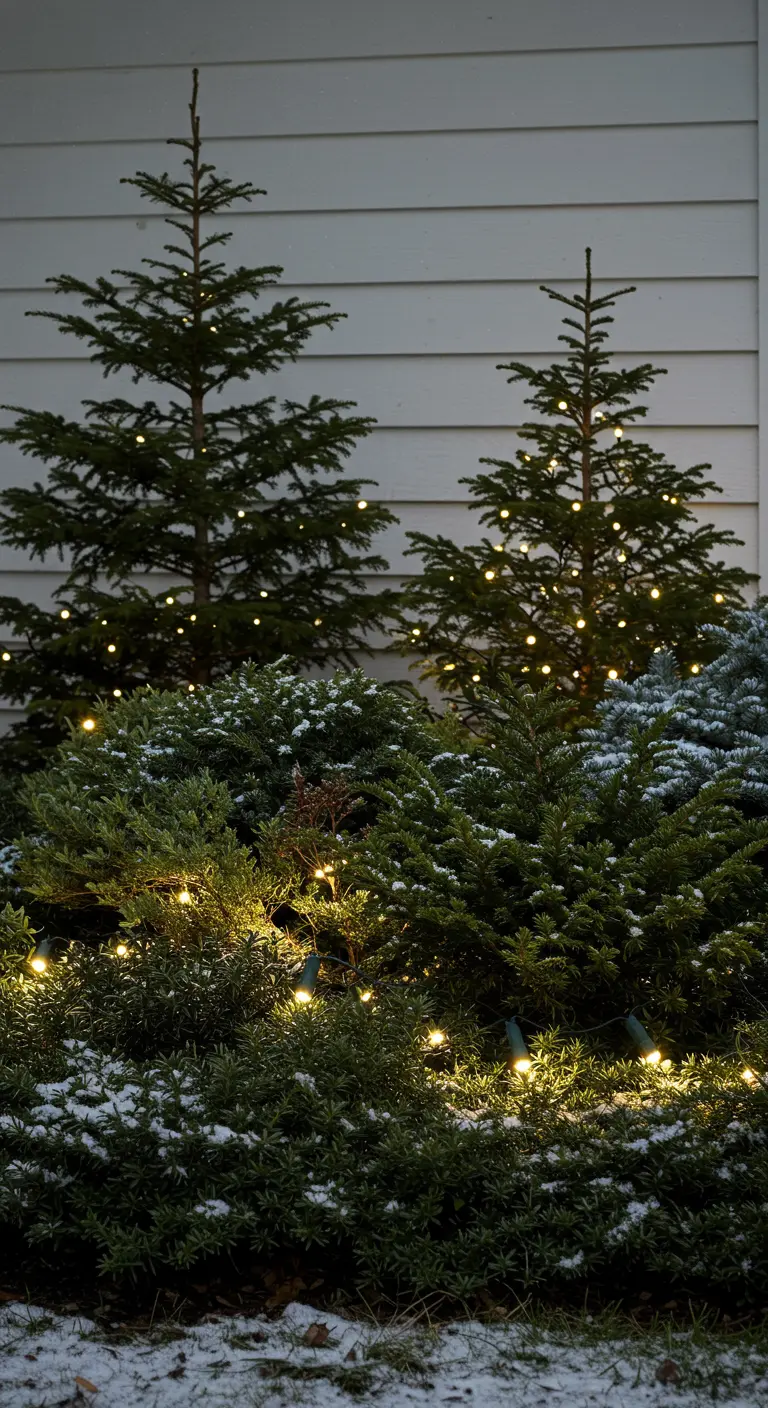 Warm white string lights woven through low evergreen shrubs in a snowy garden bed.