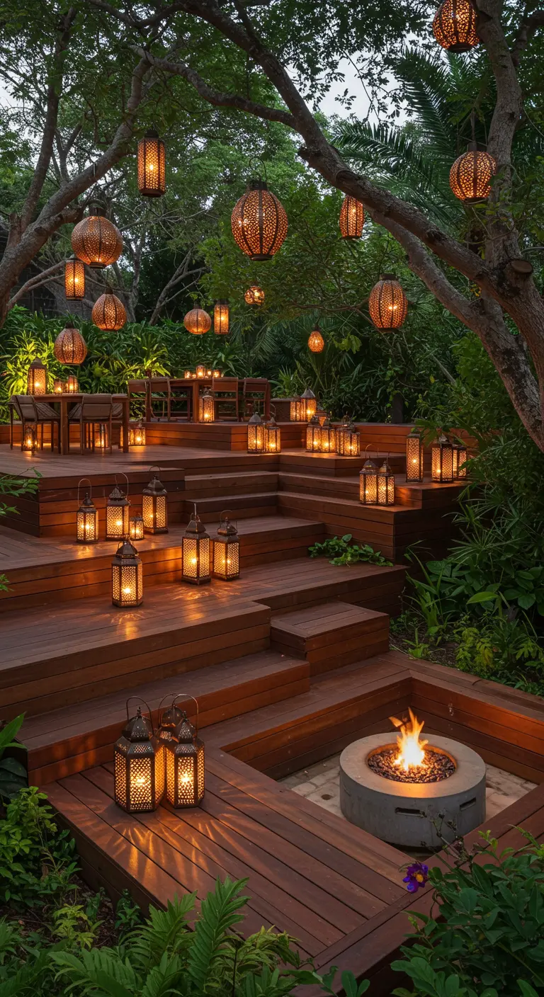 A multi-level wooden deck with a sunken fire pit, surrounded by dozens of glowing lanterns.