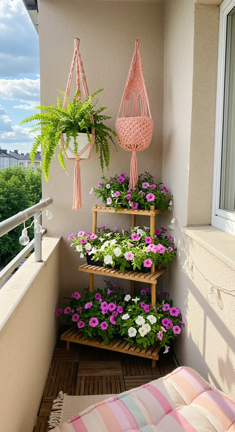Corner wooden plant stand overflowing with pink and white petunias.