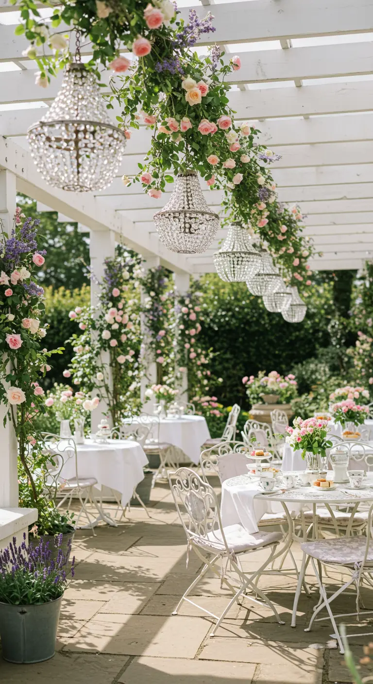 Multiple crystal chandeliers hang from a white pergola covered in pink roses.