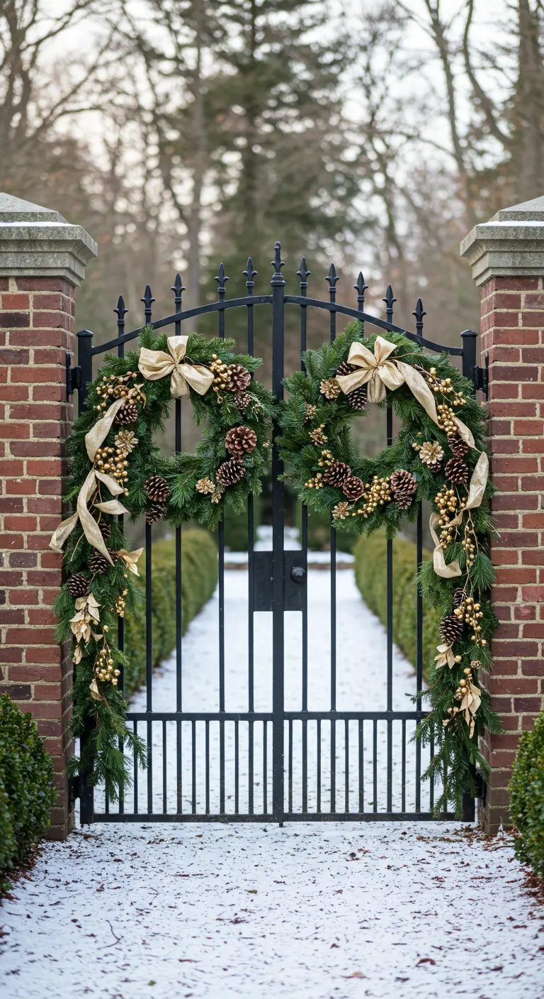 Ornate iron gates with twin wreaths and garlands lavishly decorated with gold ribbons and berries.