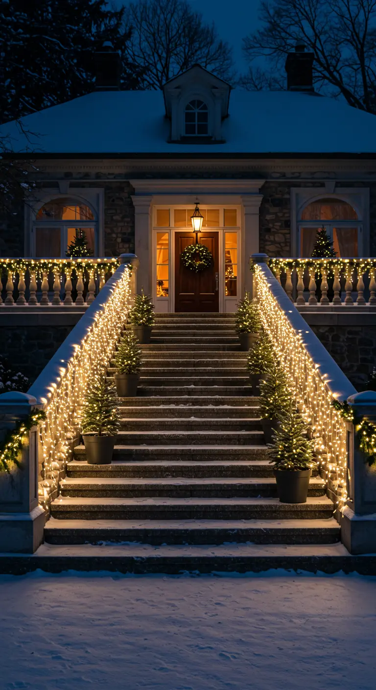A grand stone staircase illuminated with lights on the railings and potted trees on the steps.