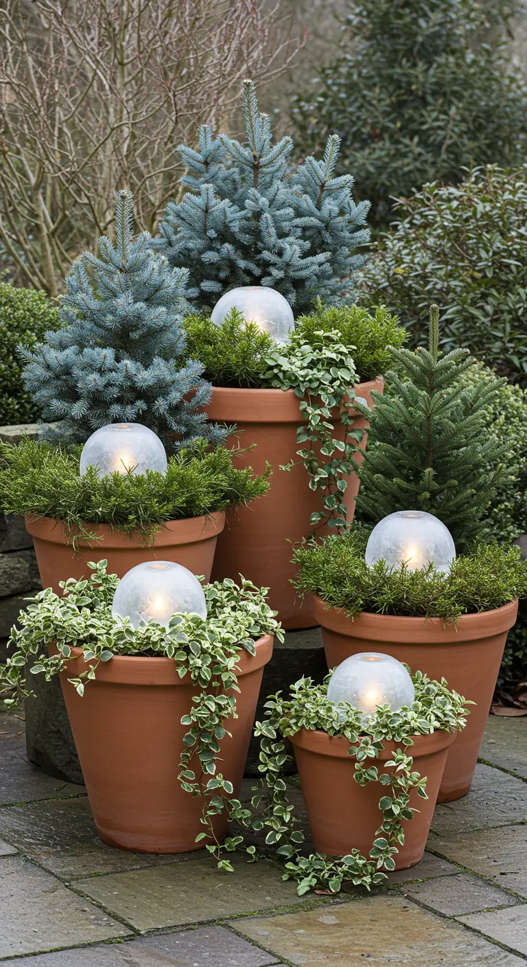 A cluster of terracotta pots with small evergreens, trailing ivy, and glowing orbs.