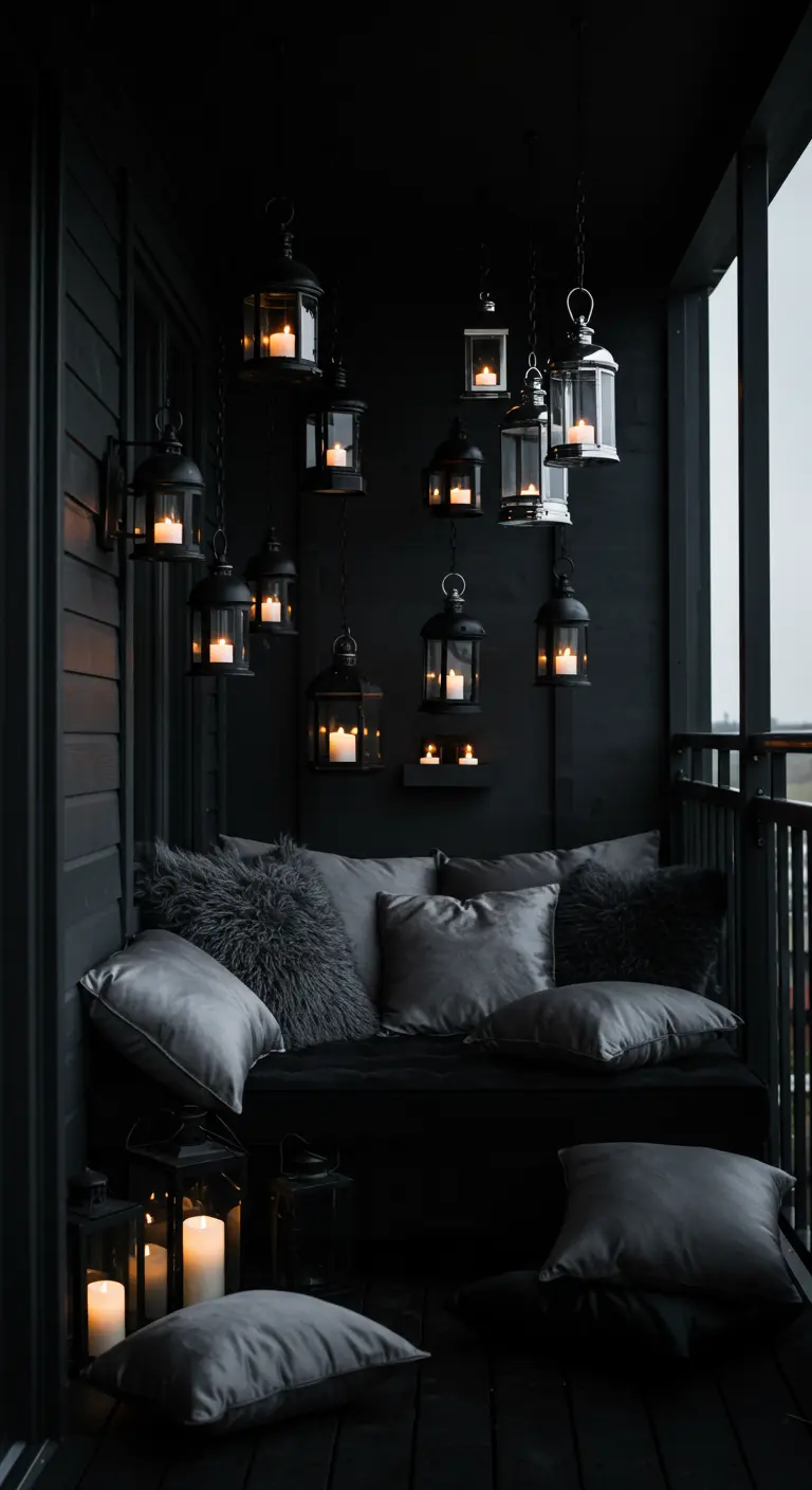 A dark balcony wall adorned with numerous hanging and wall-mounted black lanterns at different heights.