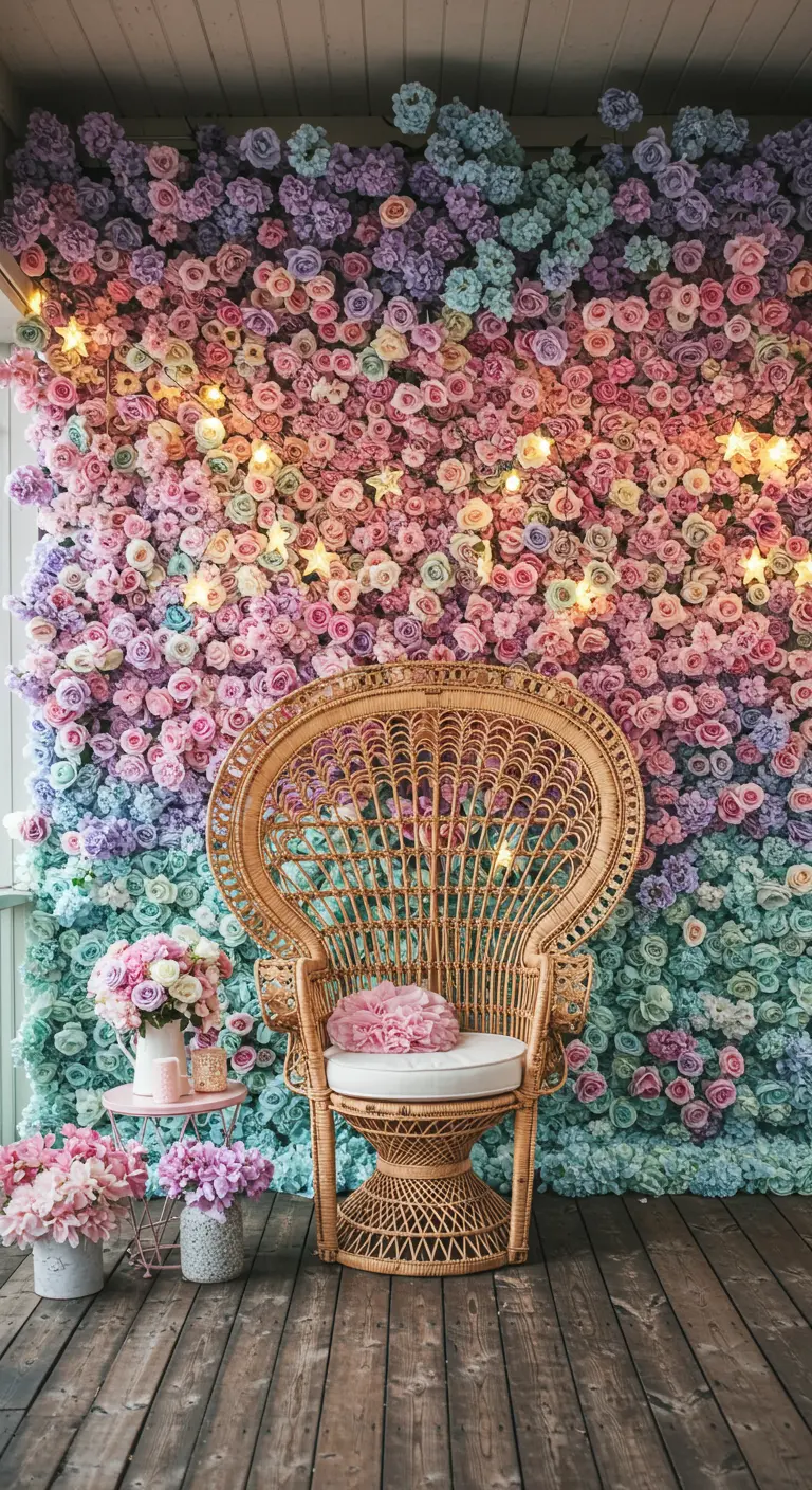 A stunning floor-to-ceiling wall of pastel rainbow roses behind a peacock chair.
