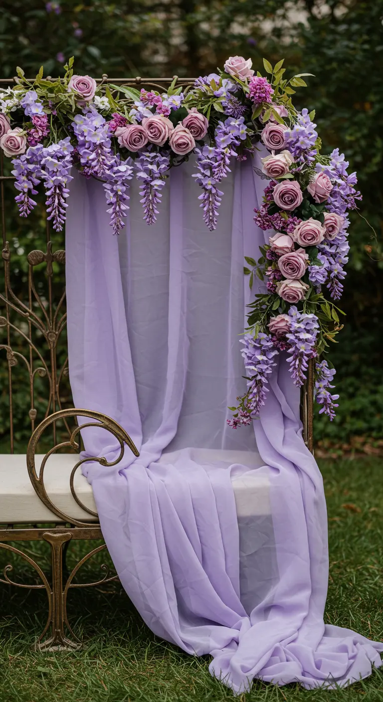 A wrought iron bench draped in lilac fabric, with a cascading garland of roses and wisteria.