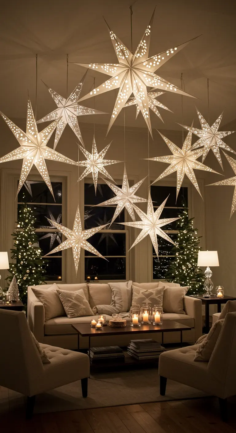 A cozy living room with a ceiling full of hanging, illuminated paper star lanterns.