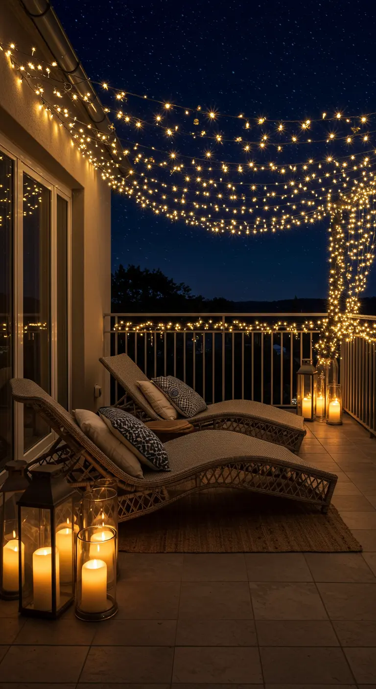 Two rattan loungers on a balcony under a dense canopy of sparkling fairy lights at night.