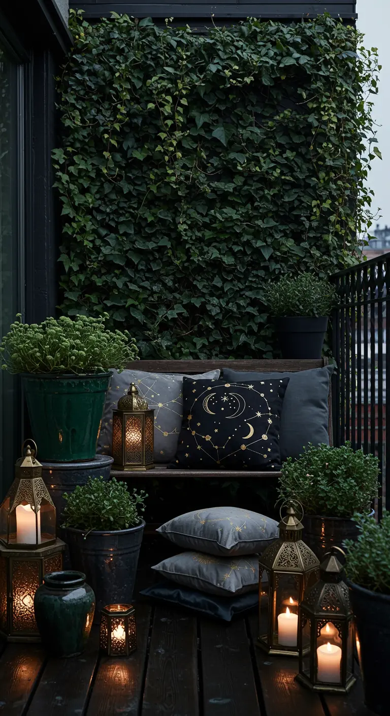 A dark, moody balcony with an ivy wall, a bench with a celestial cushion, and brass lanterns.